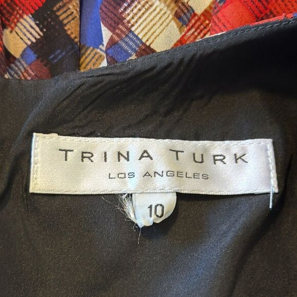 Trina Turk Silk Plaid Fit & Flare Dress Szโ 10 Multicolor Sleeveless Scoop Neck - Picture 7 of 9